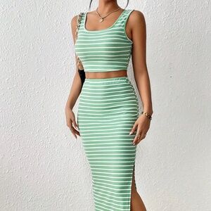 SHEIN VCAY (2 Piece Set) Striped Crop Tank Top & Split Thigh Skirt SIZE S Green